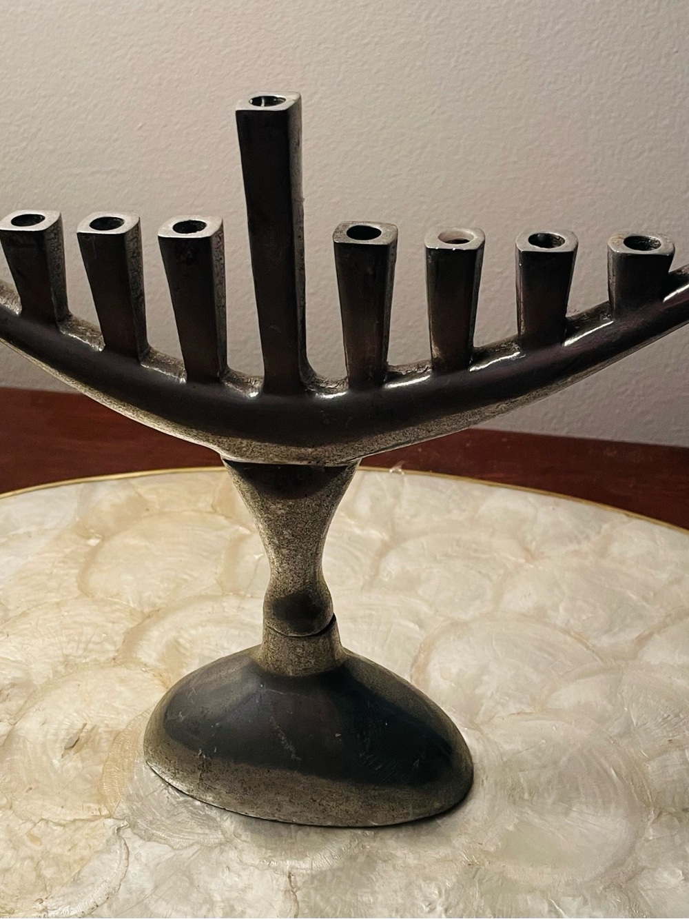 Judaica-modern style Chanukah menorah-silver tone metal-stable rounded pedestal